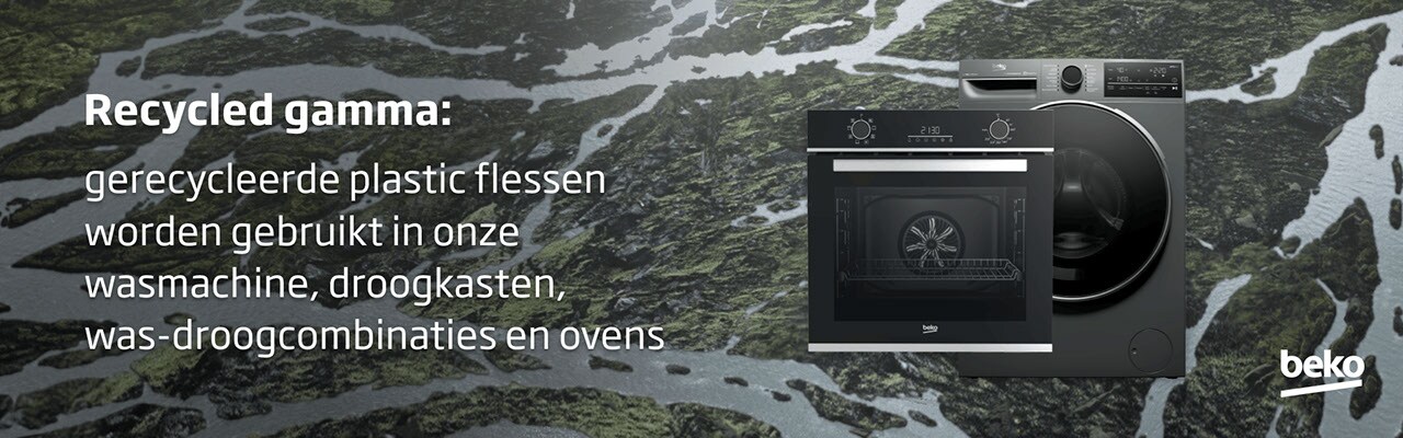 Recycled gamma: gerecycleerde plastic flessen worden gebruikt in onze wasmachine, droogkasten, was-droogcombinaties en ovens