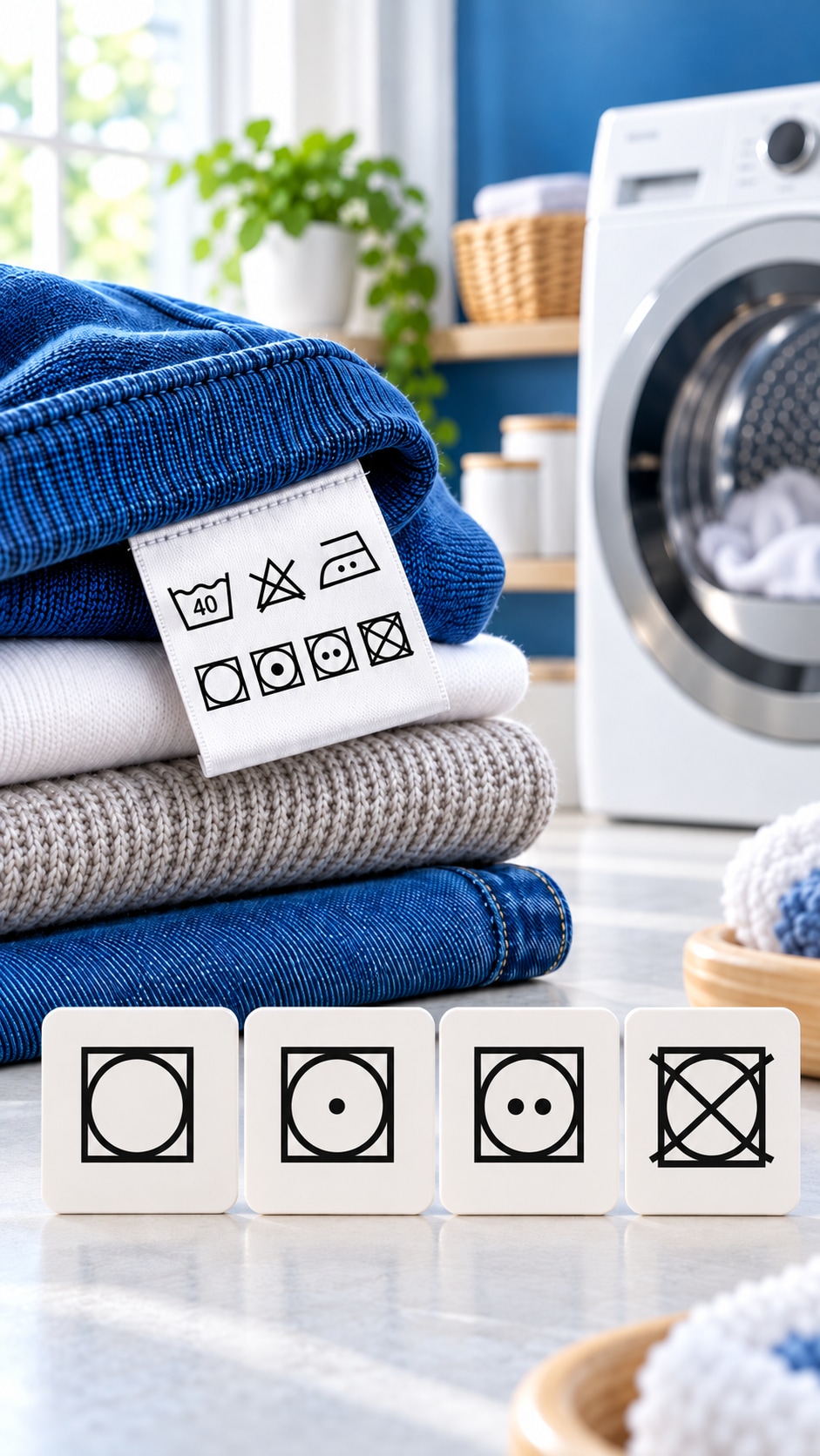 Ruhacímke szárítási jelölésekkel, összehajtogatott textilekkel és szárítógéppel. A szimbólumok a megengedett szárítási hőfokot és a tiltást mutatják.