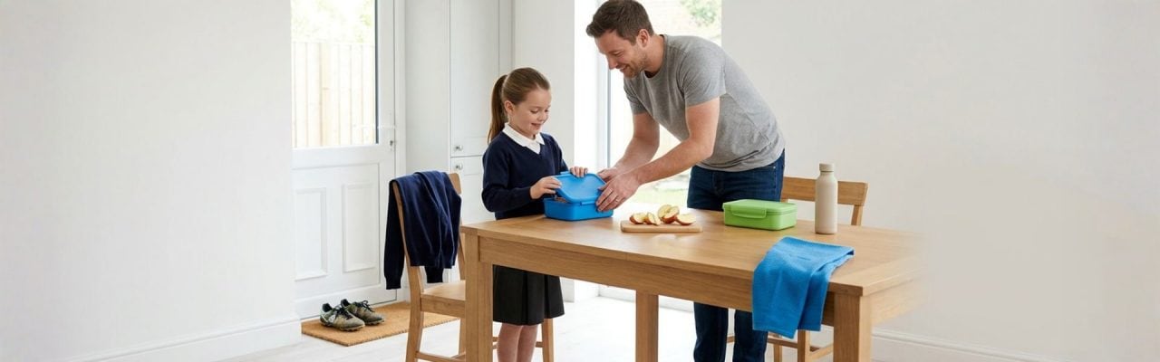 apa iskolás lánya uzsonnás dobozt készít konyhaasztalon