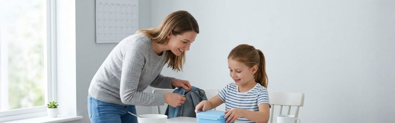 anya segít gyermekének uzsonnát csomagolni iskolába rendezett konyhai környezetben