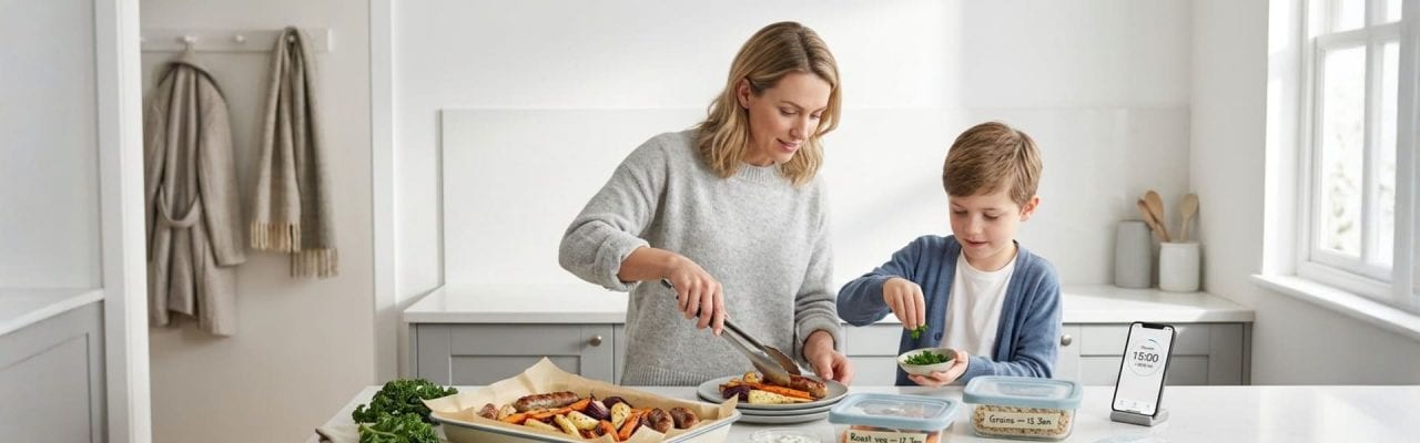 anya és kisfiú együtt készítenek vacsorát és adagolják az ételt dobozokba