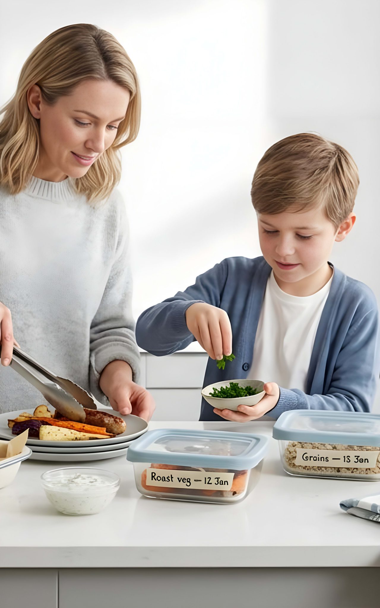 anya és kisfiú együtt készítenek vacsorát és adagolják az ételt dobozokba