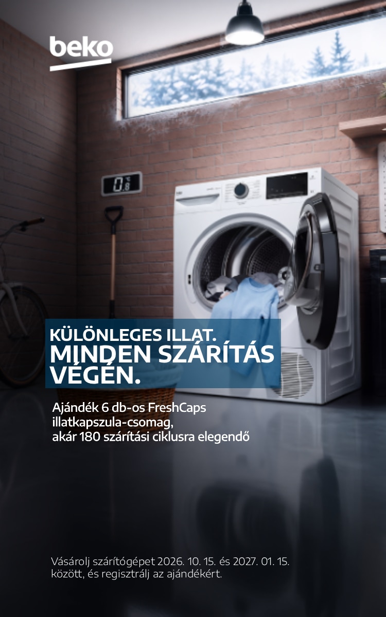 Beko szárítógép nyitott ajtóval, kék pulóverrel és ruháskosárral. A promóció keretében Beko szárítógép vásárlása és regisztrációja esetén ajándék, 6 darabos FreshCaps illatkapszula-csomag jár, amely akár 180 szárítási ciklusra elegendő.