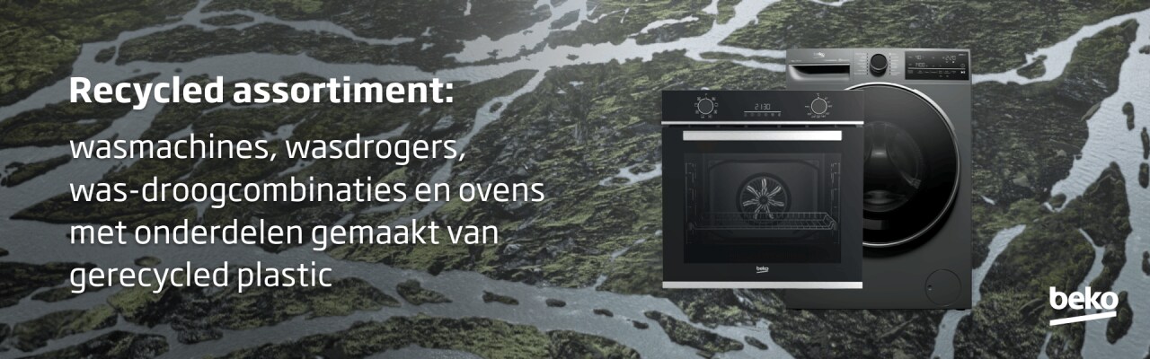 Recycled assortiment: wasmachines, wasdrogers, was-droogcombinaties en ovens met onderdelen gemaakt van gerecycled plastic