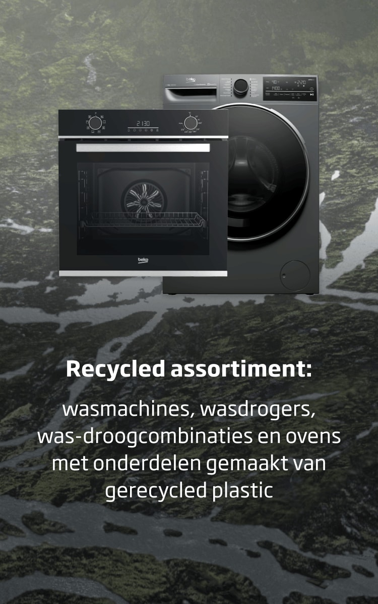 Recycled assortiment: wasmachines, wasdrogers, was-droogcombinaties en ovens met onderdelen gemaakt van gerecycled plastic