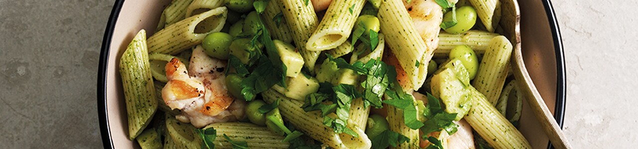 Pesto Pasta Salad with Edamame and Grilled Chicken