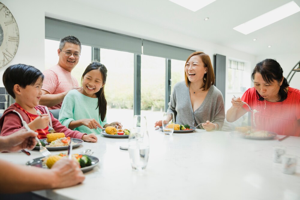 family enjoying healthy foods
