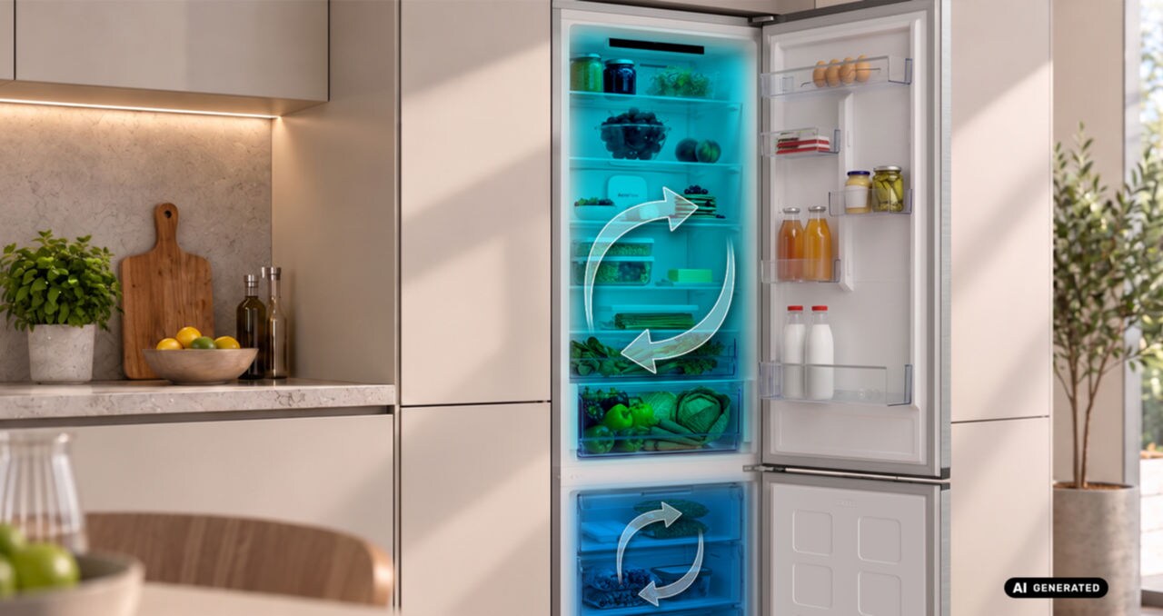 otwarta lodówka NoFrost z pokazanymi 2 obiegami powietrza (dual cooling)
