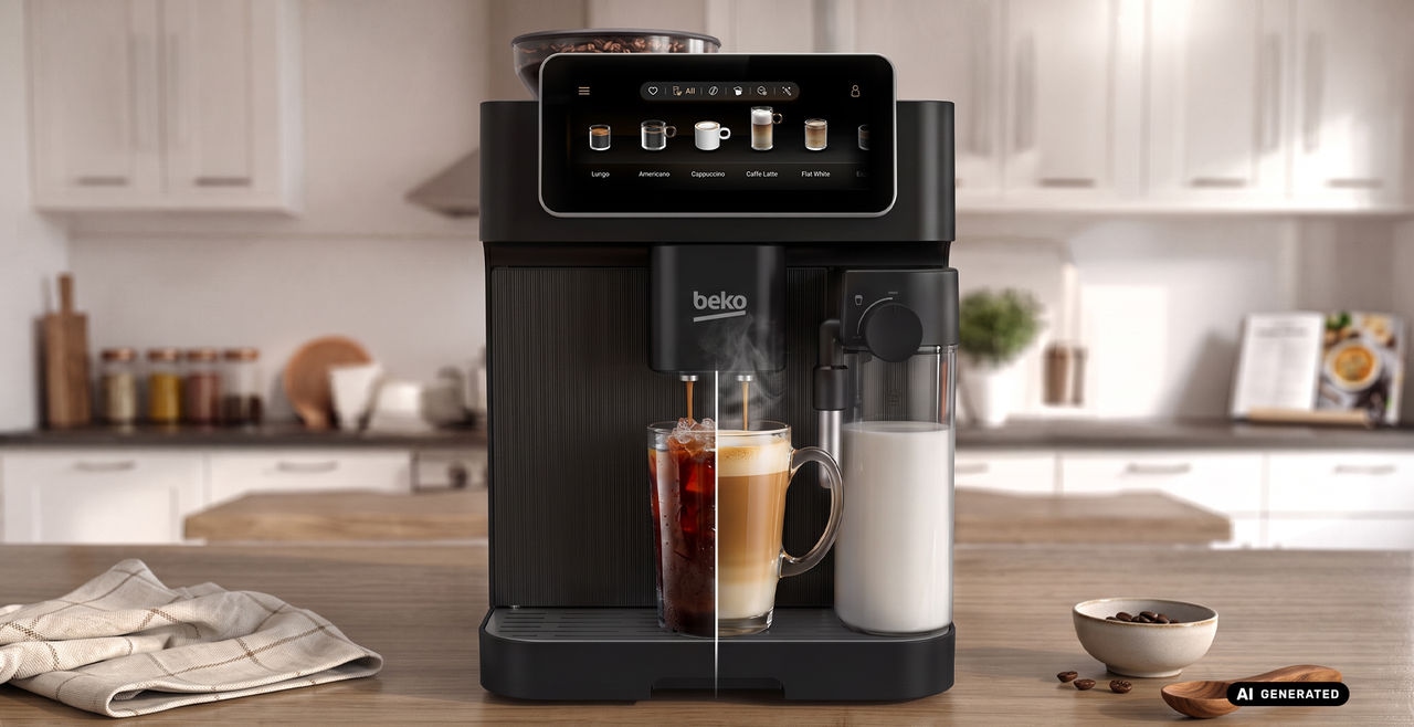 Ekspres CaffeExperto CEG8564B na stole z różnymi rodzajami kaw.