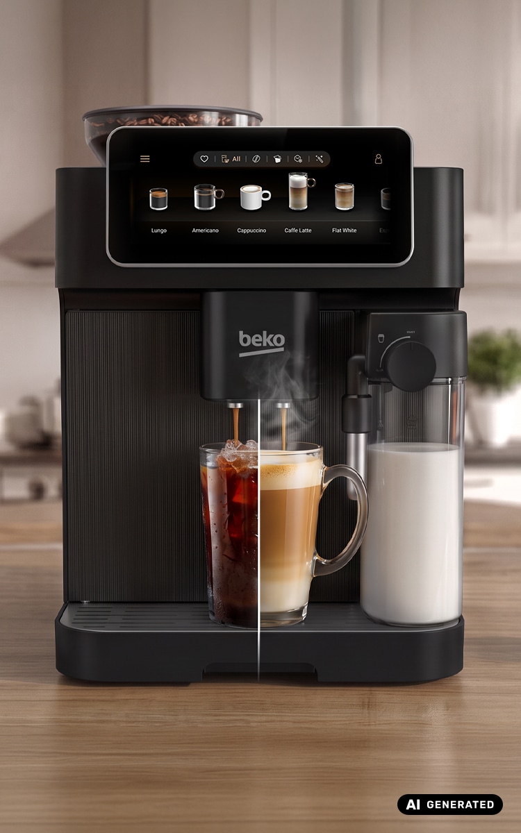 Ekspres CaffeExperto CEG8564B na stole z różnymi rodzajami kaw.