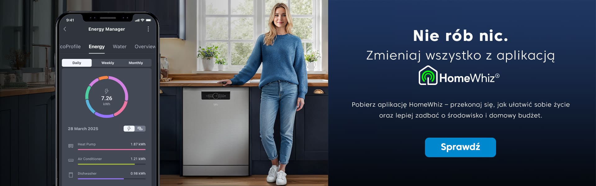 Uśmiechnięta kobieta, zmywarka i aplikacja HomeWhiz