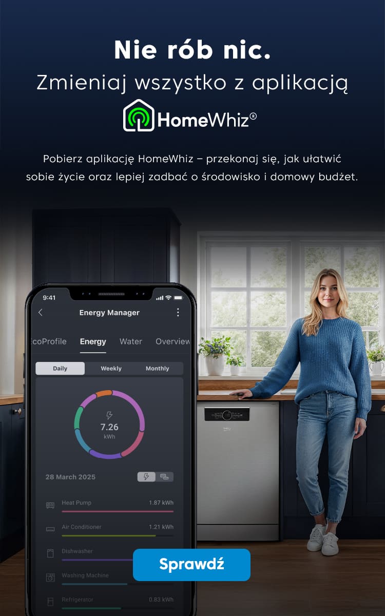 Uśmiechnięta kobieta, zmywarka i aplikacja HomeWhiz