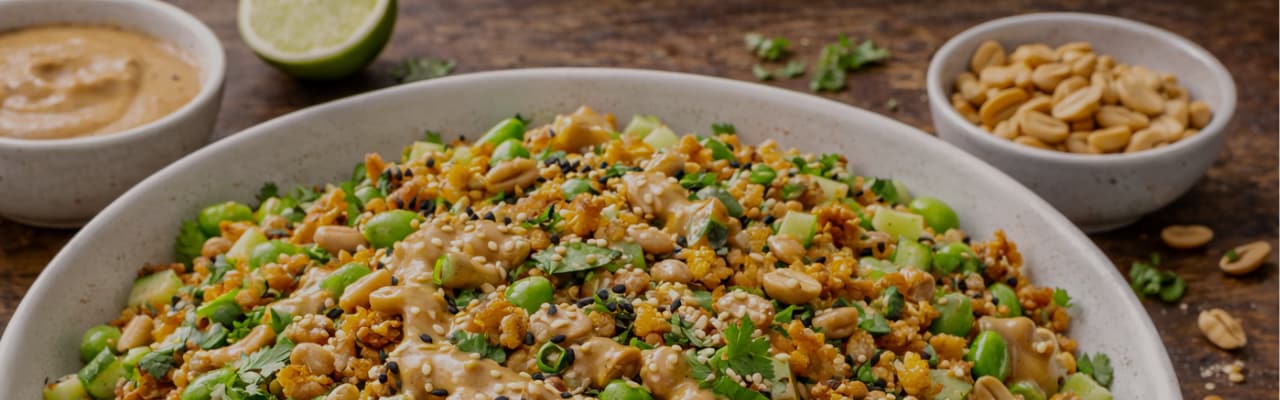 Knuspriger Reis Salat mit cremigem Erdnuss-Dressing 