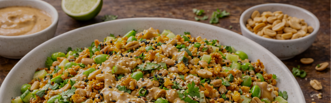 Knuspriger Reis Salat mit cremigem Erdnuss-Dressing 
