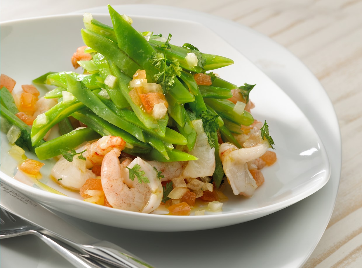 Ensalada de gambas, judías verdes y tomate