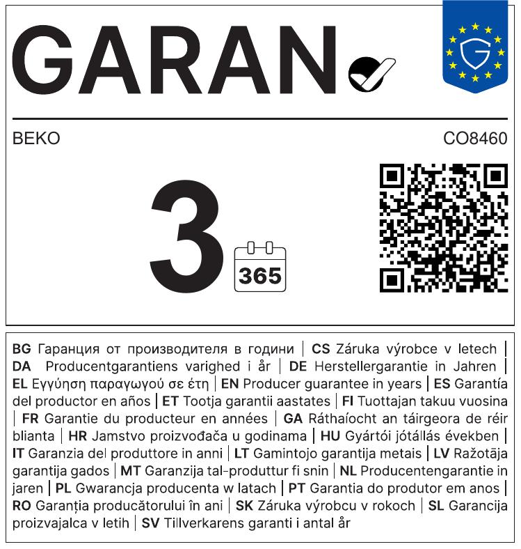 Eticheta de garanție pentru Beko CO8460