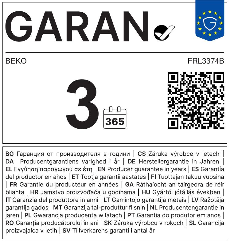 Eticheta de garanție pentru Beko FRL3374B