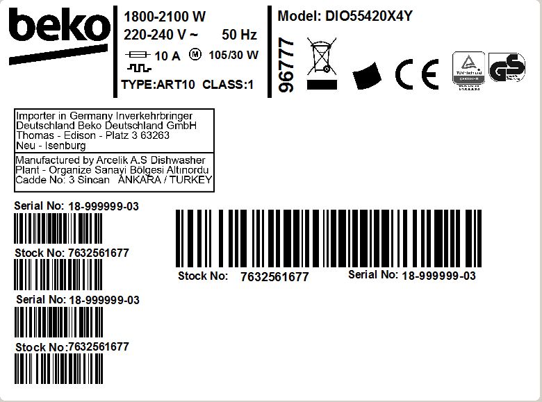 | BEKO Maßgedecke, cm) (14 | 60 DIO55420X4Y Einbau-Geschirrspüler