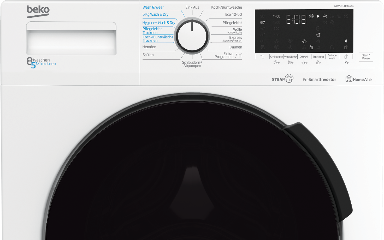 Freistehender Waschtrockner (8 kg / 5 kg, 1400 U/Min.) | WDW85141Steam1 |  BEKO