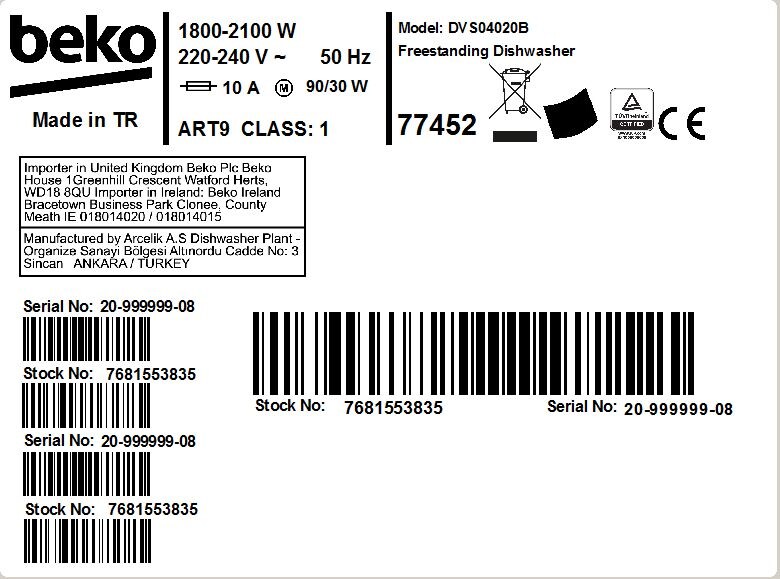 DVS04020B Freestanding Dishwasher (10 place settings, Slimline) BEKO