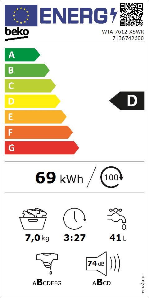 Máquina de lavar roupa de livre instalação (7 kg, 1200 rpm) | WTA 7612 XSWR | BEKO