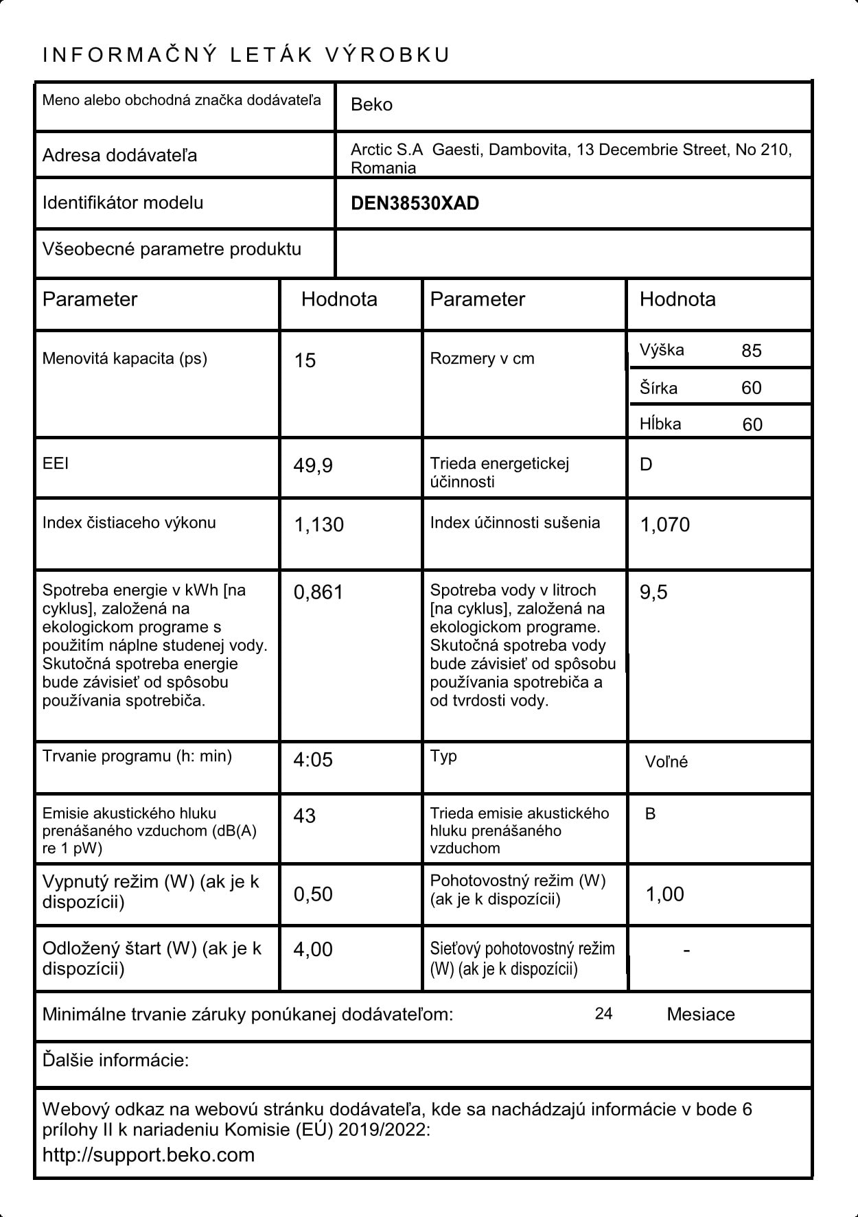 Lava-loiça de livre instalação (15 Conjuntos, Tamanho completo), DEN38530XAD