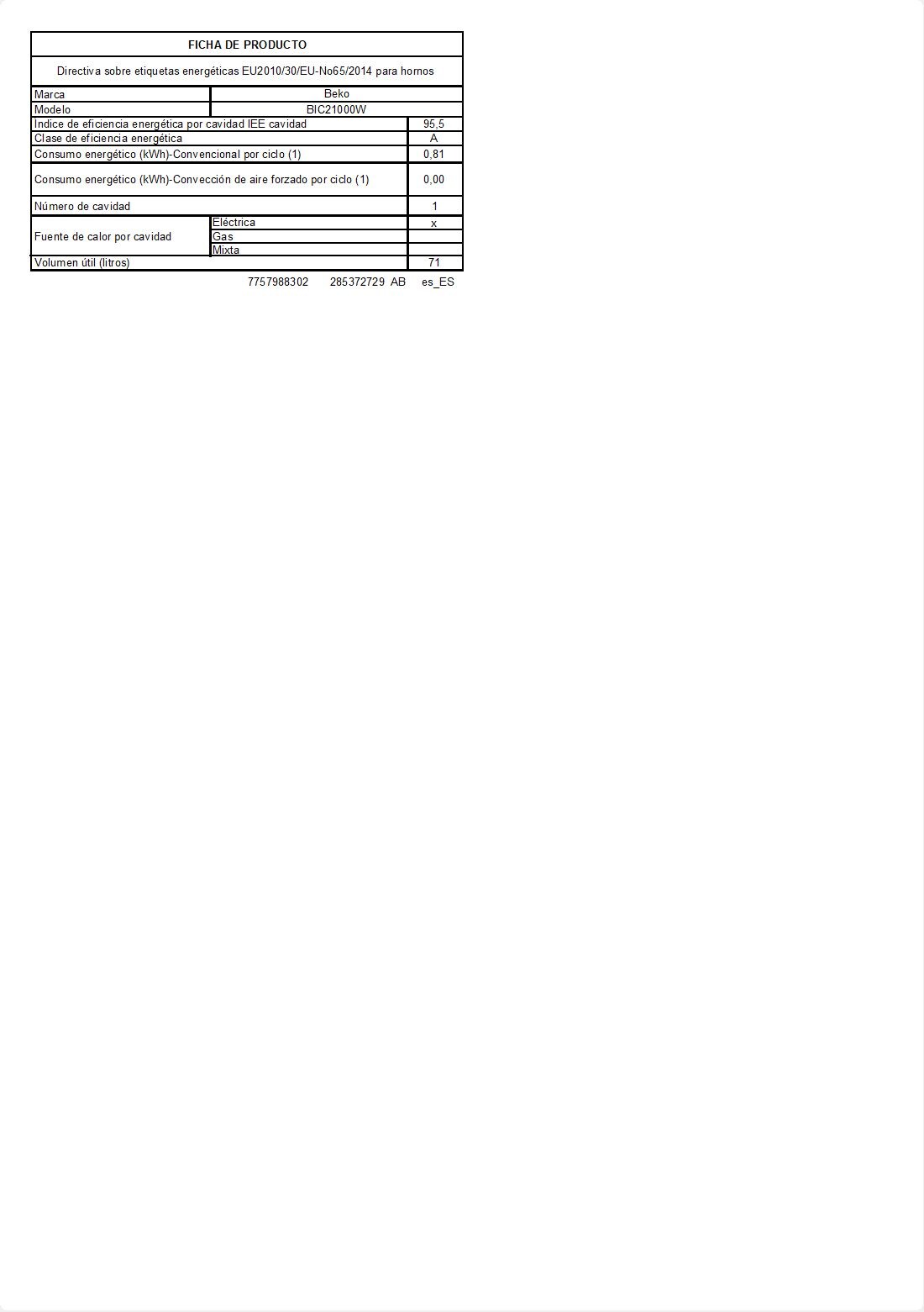 60 cm 71 L Convencional Horno | BIC21000W | BEKO