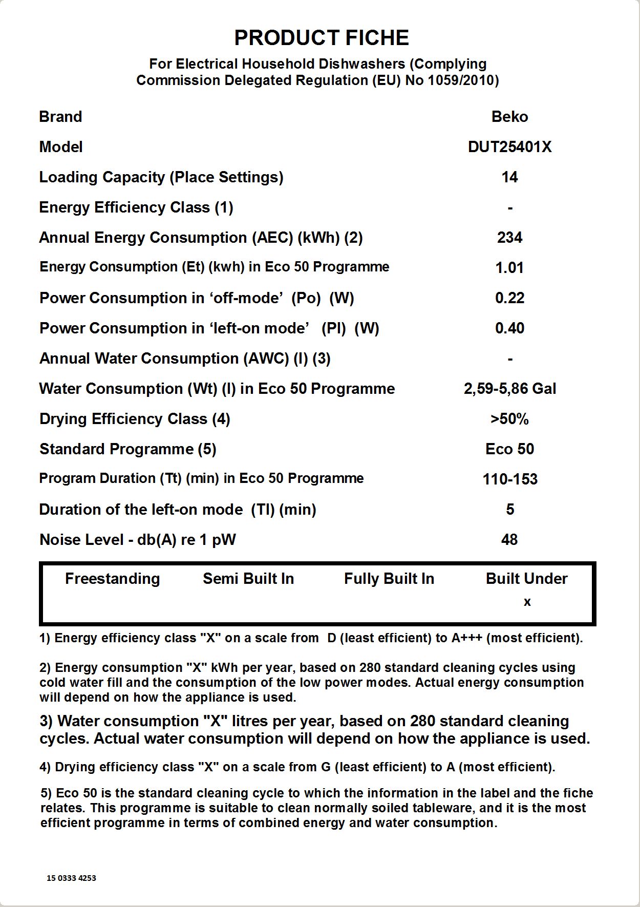 Tall Tub Stainlass Dishwasher, 14 place settings, 48 dBa, Front Control