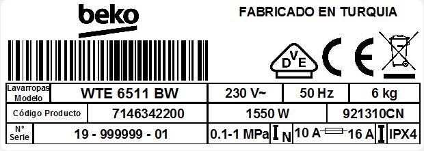 6 Kg 1000 Rpm Lavadora De Libre Instalacion Wte 6511 Bw Beko